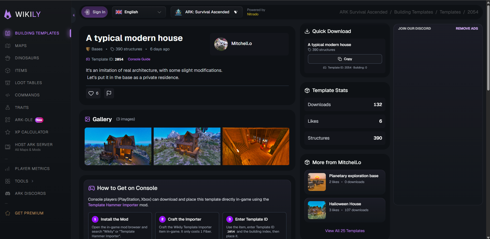 Template page on Wikily.gg showing the Template ID and Building ID