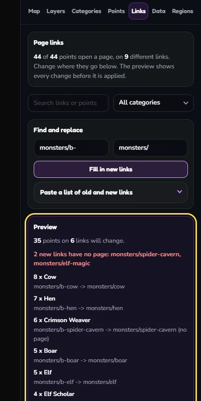 Find and replace filled with monsters/b- and monsters/. The outlined Preview says 35 points on 6 links will change and, in red, that 2 new links have no page: monsters/spider-cavern and monsters/elf-magic.