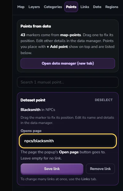Map Studio, Points tab, with one point selected. The Opens page field is outlined and contains npcs/blacksmith. Below it are the Save link and Remove link buttons.