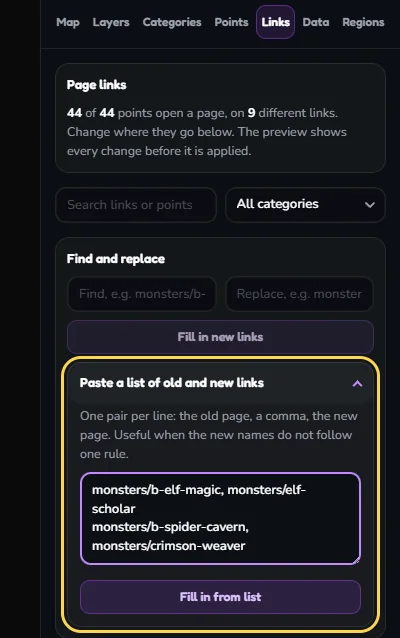 The Paste a list of old and new links section, outlined and open, with two lines: monsters/b-elf-magic, monsters/elf-scholar and monsters/b-spider-cavern, monsters/crimson-weaver.