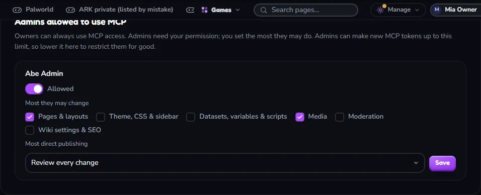 The list Admins allowed to use MCP, with an Allowed switch, Most they may change and Most direct publishing for each admin.