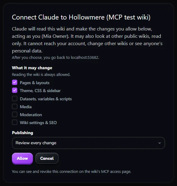 Wikily's consent screen: Connect an MCP client, with the wiki's name, checkboxes for what it may change, the publishing choice, and Allow and Cancel buttons.