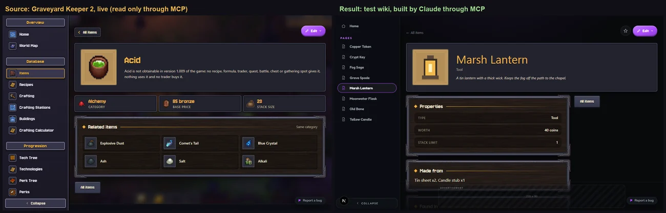 Two item pages side by side: on the left an item page of the Graveyard Keeper 2 wiki, on the right a test wiki's item page with the same tooltip header and wooden panels, built by Claude.