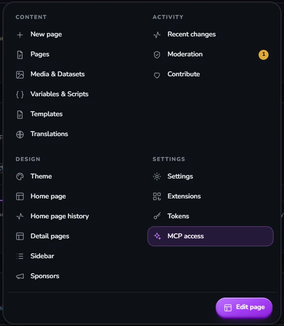 The wiki's manage menu with the entry MCP access.