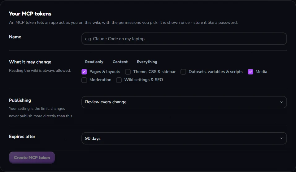 The New MCP token form: name, What it may change with checkboxes, Publishing with three choices, Expires after.