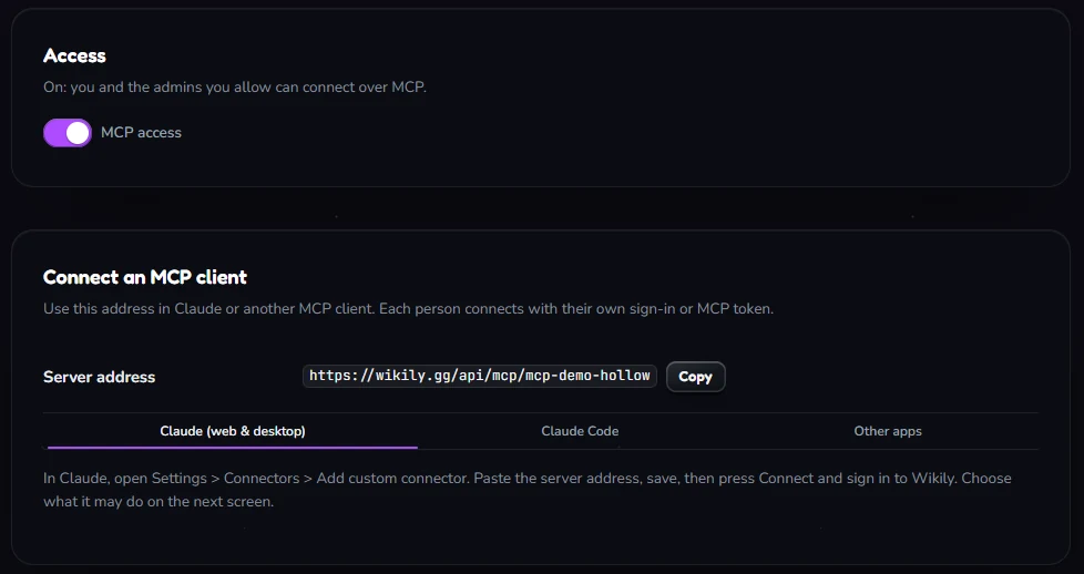 The MCP access page: the Access card with the switch on, and the server address with a Copy button.