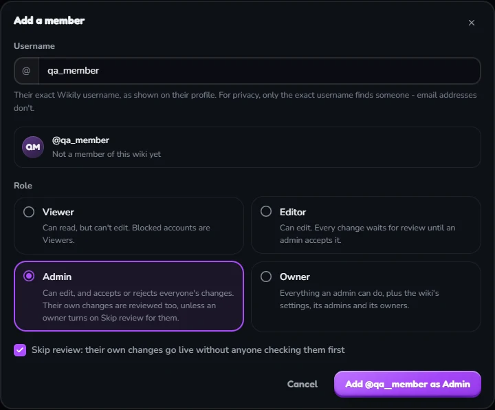 The Add a member dialog: the username qa_member typed, the account found, the four roles with Admin picked, Skip review ticked, and the button Add @qa_member as Admin.