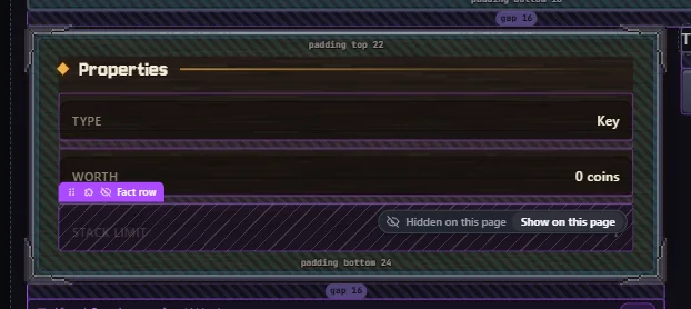 A shared block dimmed and striped on the editor canvas with the label Hidden on this page and a Show on this page button