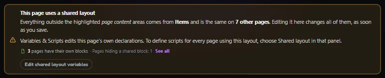 The shared layout notice in the editor with the line 3 pages have their own blocks and a See all link