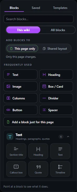 The block picker with the Add blocks to switch set to This page only and the Add a block just for this page entry
