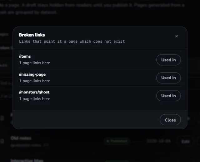 The Broken links list with three addresses, /items, /missing-page and /monsters/ghost, each with 1 page links here and a Used in button.