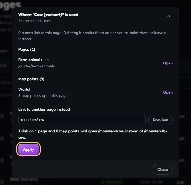 The panel with monsters/cow typed as the new page. The preview says 1 link on 1 page and 8 map points will open /monsters/cow instead of /monsters/b-cow. The Apply button is outlined.