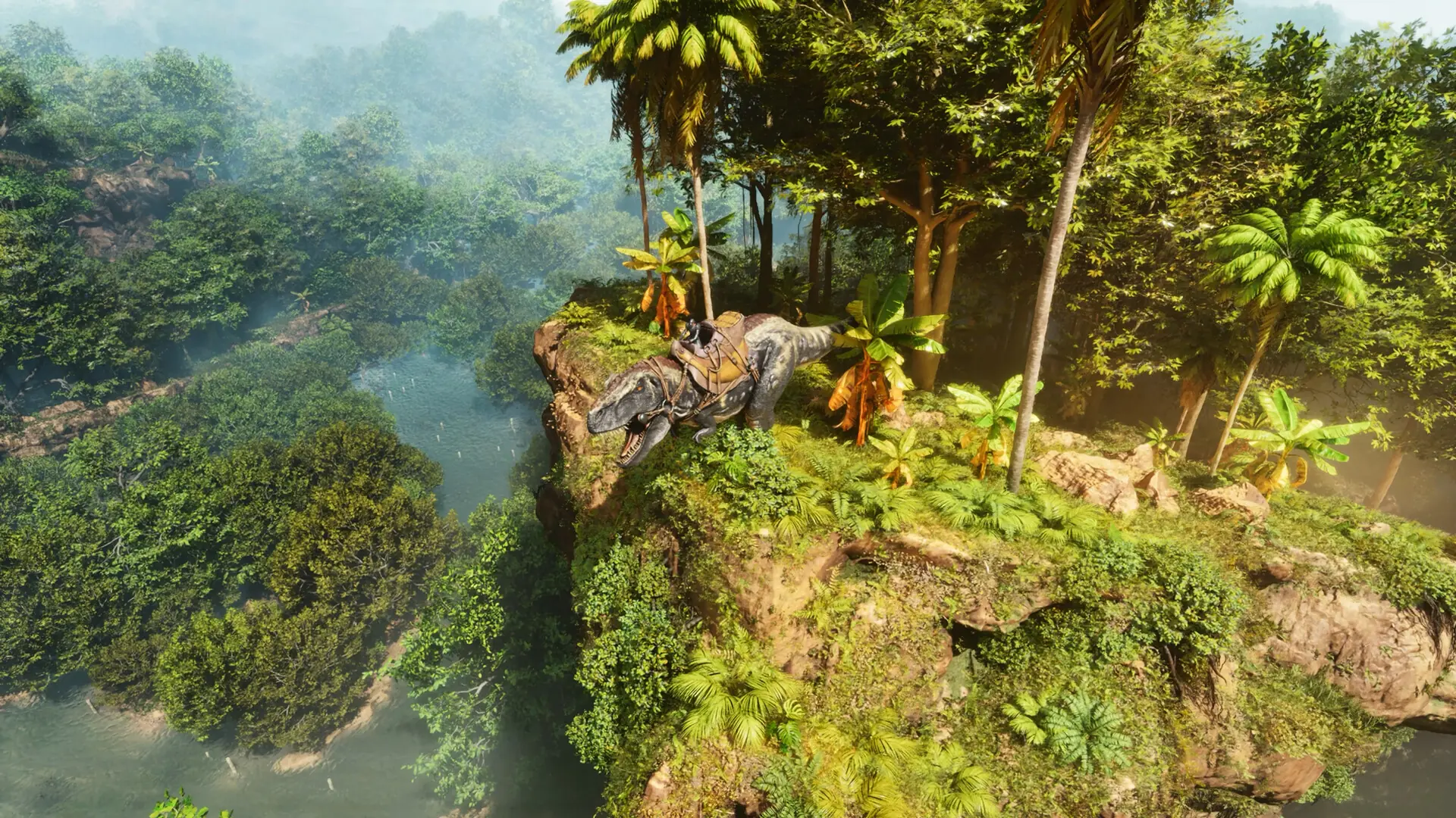 Een ruiter op een Rex aan de rand van een junglerots in ARK: Survival Ascended