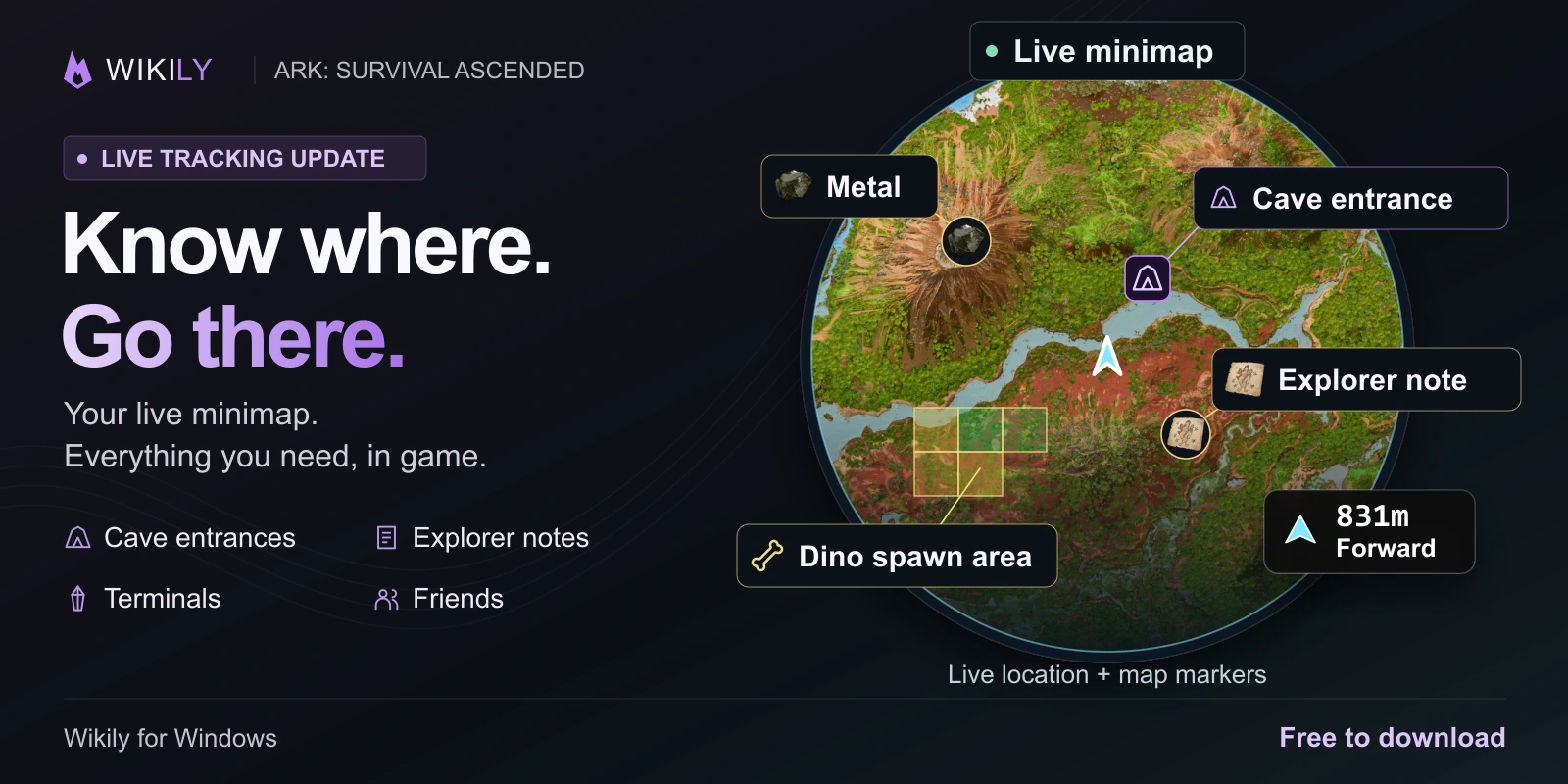 Wikily minimap with labeled cave entrance, metal, explorer note and dinosaur spawn area examples, plus live position and direction
