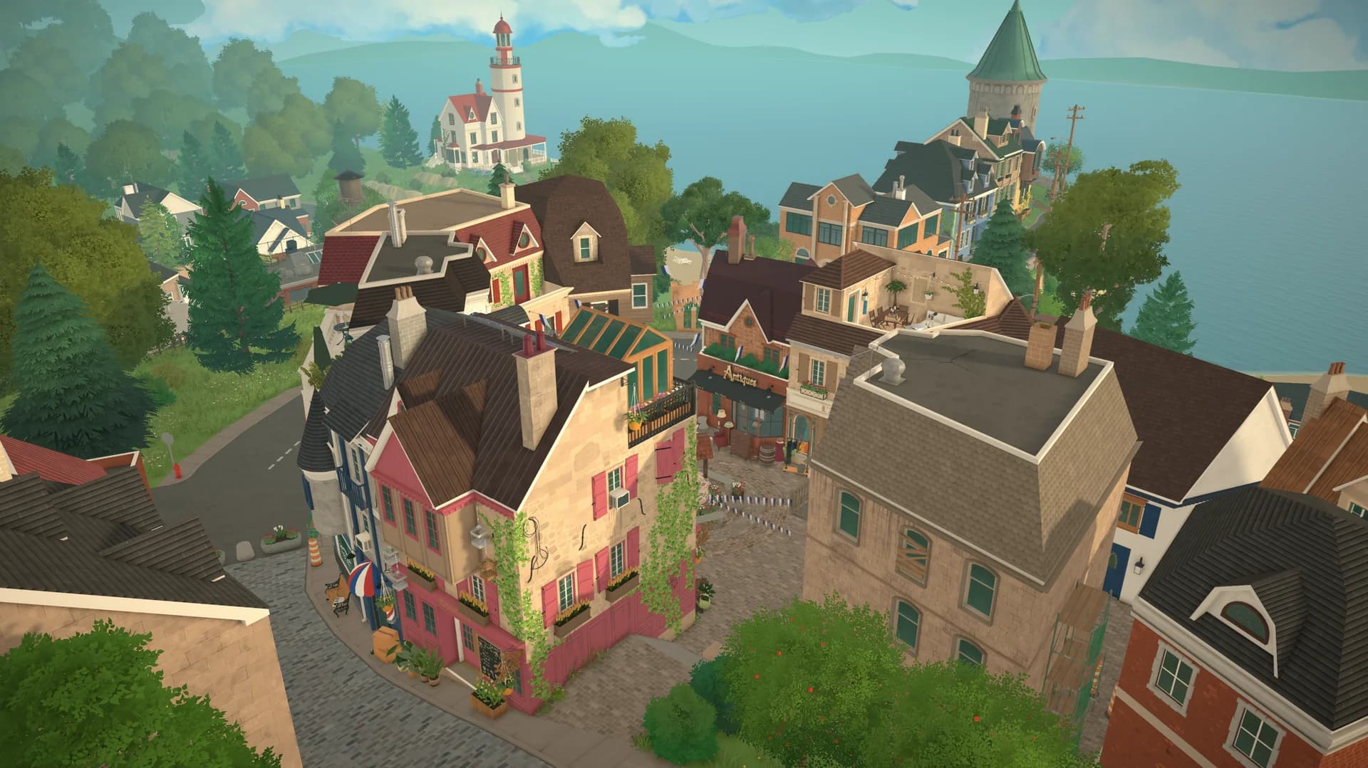 Melino town aerial view in Paralives showing colorful houses, gardens, and Parafolk going about daily life